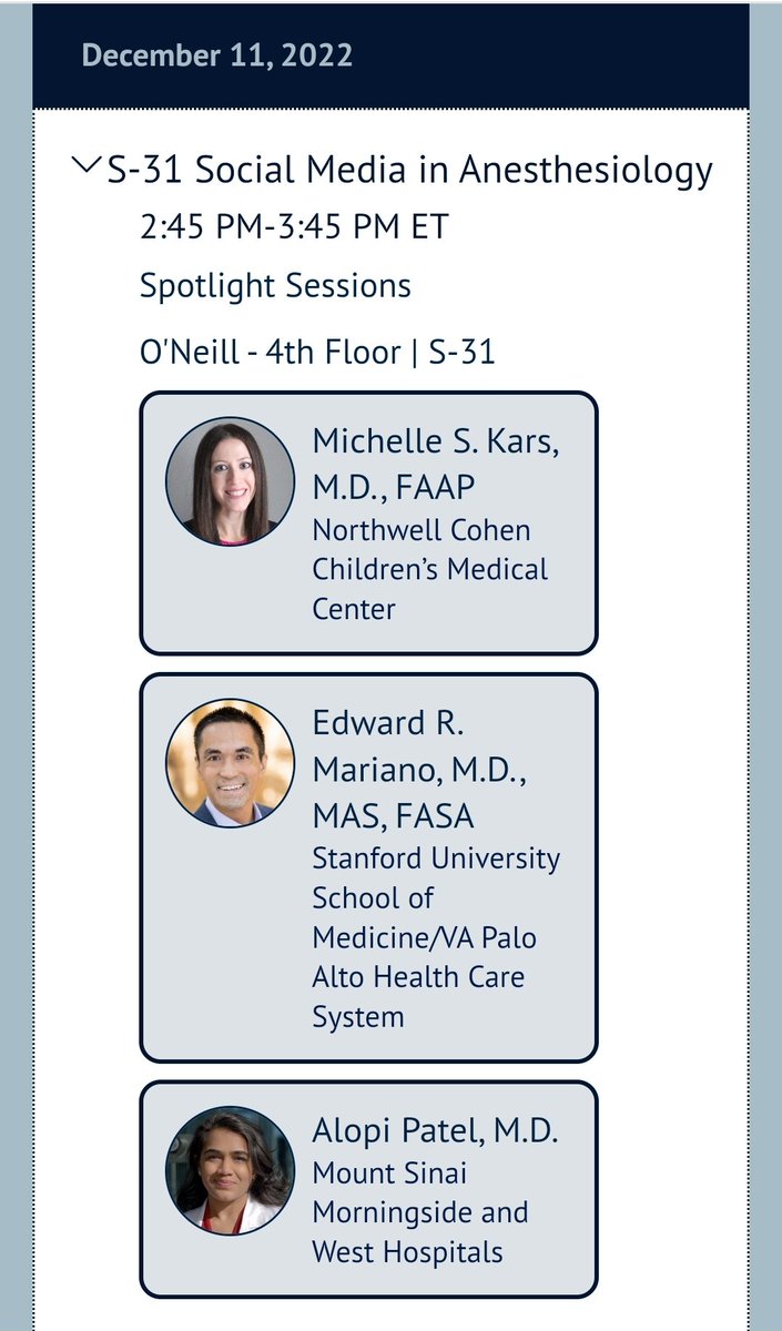 Ed Mariano, MD, MAS, FASA, FASRA ๐บ๐ธ๐ต๐ญ (@emarianomd) on Twitter photo Join me and co-authors <a href="/alopipatelmd/">Alopi Patel, M.D., FASA</a> and <a href="/drmichellekars/">Michelle Kars, MD, FAAP</a> at #PGA76 on Dec 11 for a Spotlight Session: #SocialMedia in #Anesthesiology
Register: pga.nyc
We'll discuss our article and more! โฆ-publications.onlinelibrary.wiley.com/doi/10.1111/anโฆ Join me and co-authors <a href="/alopipatelmd/">Alopi Patel, M.D., FASA</a> and <a href="/drmichellekars/">Michelle Kars, MD, FAAP</a> at #PGA76 on Dec 11 for a Spotlight Session: #SocialMedia in #Anesthesiology
Register: pga.nyc
We'll discuss our article and more! โฆ-publications.onlinelibrary.wiley.com/doi/10.1111/anโฆ
