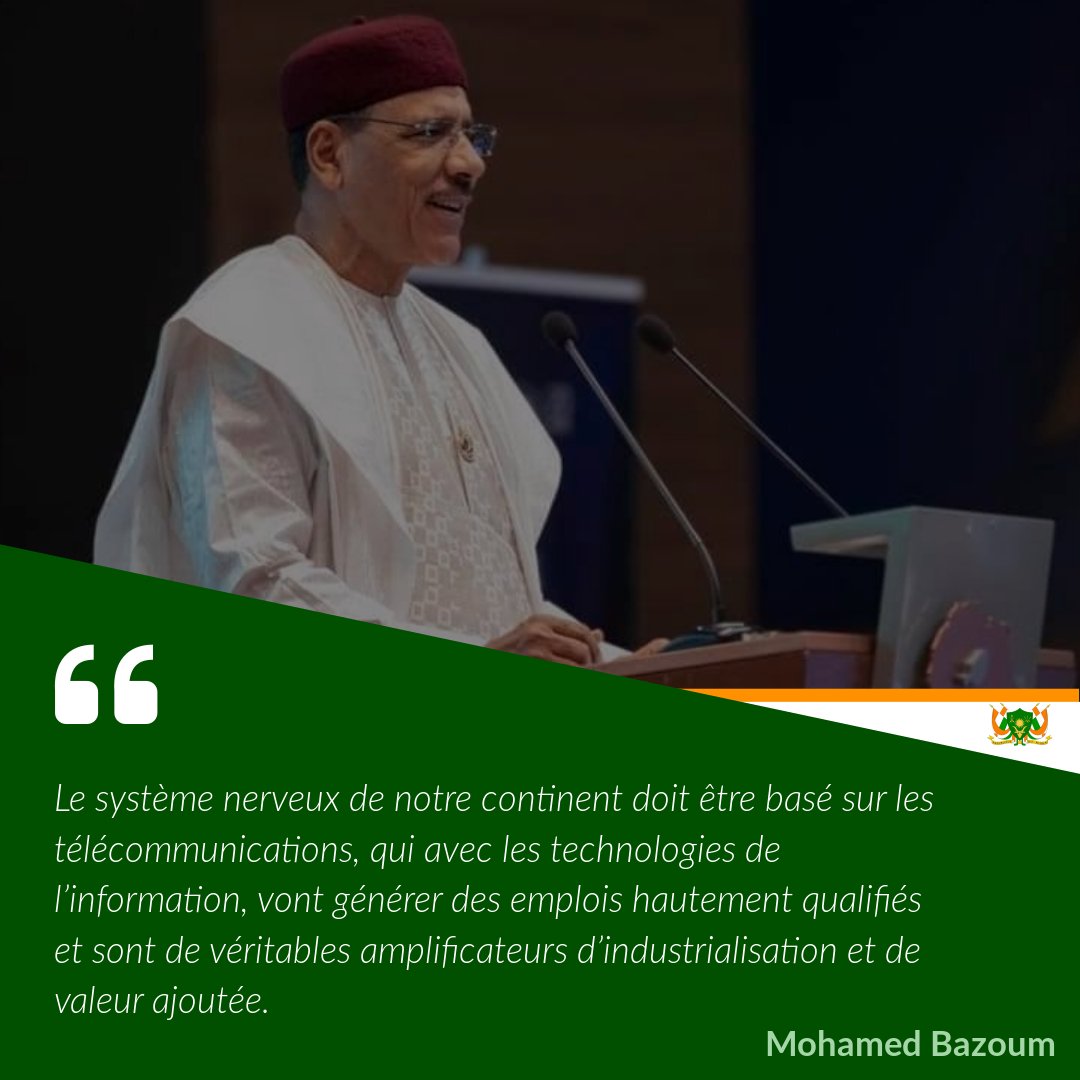 🟩"Le système nerveux de notre continent doit être basé sur les télécommunications, qui avec les technologies de l’information, vont générer des emplois hautement qualifiés et sont de véritables amplificateurs d’industrialisation et de valeur ajoutée... " 1/2
<a href="/mohamedbazoum/">Mohamed Bazoum</a>
