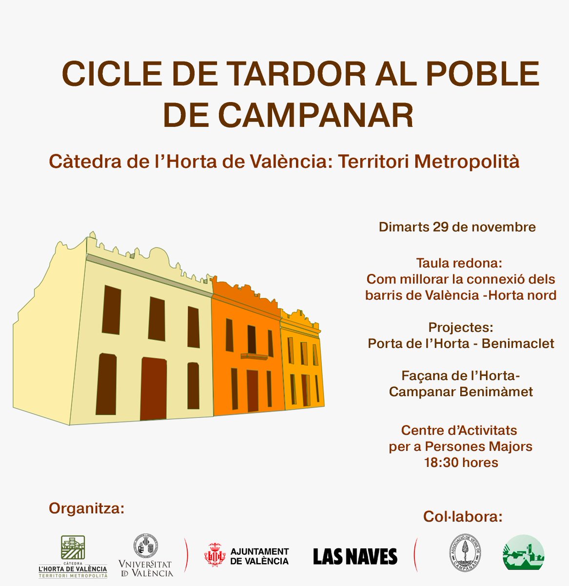 Dimarts nova activitat de la càtedra a Campanar.
Tindrem una taula redona al voltant dels projectes per a connectar l'Horta amb els barris de València amb l'Horta Nord: Benimaclet i Campanar-Benimàmet