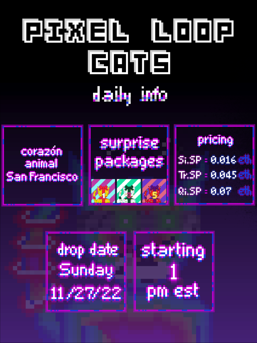 lazyloopcat's tweet photo. GM Loop Cats!
Pixel Loop Cats are dropping TOMORROW at 1PM EST only on the @GameStopNFT Marketplace!
Check out this reddit post by our partner Scott over at Corazon Animal San Francisco
https://t.co/eljffTTeIn
#GameStopNFT #GME #GMENFT #L222 #PixelLoopCats #PLC #LoopCats https://t.co/Em2yQK2YiP