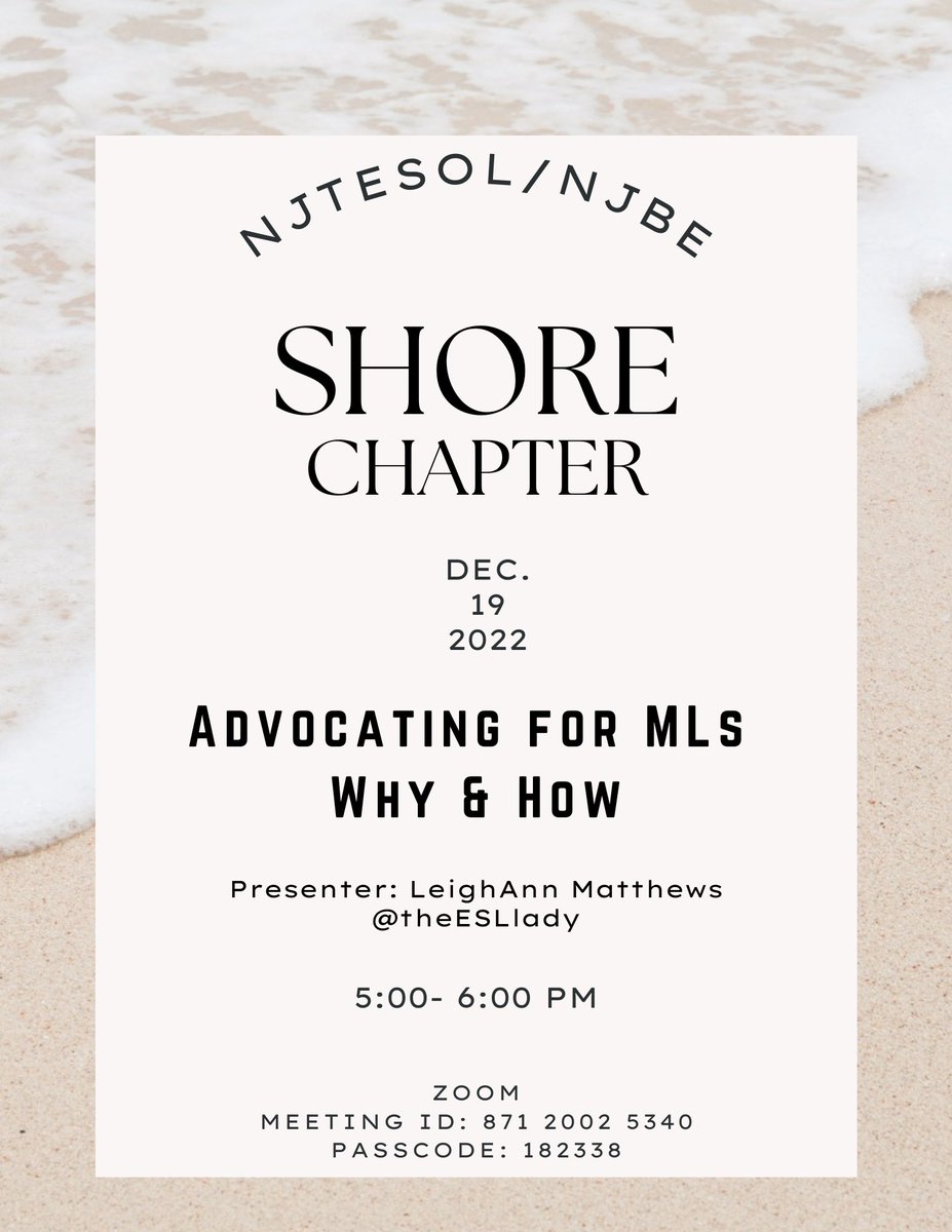 Shore_NJTESOL (@njtesol_shore) on Twitter photo The Shore Chapter is excited to welcome <a href="/theESLlady/">LeighAnn Matthews</a> as our next presenter • December 19 at 5:00 PM! The Shore Chapter is excited to welcome <a href="/theESLlady/">LeighAnn Matthews</a> as our next presenter • December 19 at 5:00 PM!