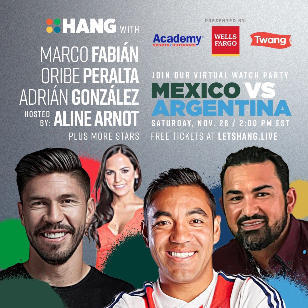 HANG Media (@letshanglive) on Twitter photo ¡Hoy! ORIBE PERALTA (<a href="/OribePeralta/">Oribe Peralta</a>) y Marco Fabián (<a href="/MarcoFabian_10/">Marco Fabián</a>) están viendo #MEX vs #ARG en una sala de zoom GRATIS en <a href="/LetsHangLive/">HANG Media</a>. #Qatar2022 #Wordcup2022
haga clic en este enlace para obtener boletos gratis antes de que se llenen los lugares bit.ly/3Vyw1zz ¡Hoy! ORIBE PERALTA (<a href="/OribePeralta/">Oribe Peralta</a>) y Marco Fabián (<a href="/MarcoFabian_10/">Marco Fabián</a>) están viendo #MEX vs #ARG en una sala de zoom GRATIS en <a href="/LetsHangLive/">HANG Media</a>. #Qatar2022 #Wordcup2022
haga clic en este enlace para obtener boletos gratis antes de que se llenen los lugares bit.ly/3Vyw1zz