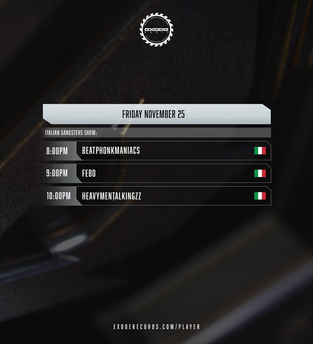 heavymentalhc's tweet photo. Tonight on Exode Records Radio 
▶ Italian Gangsters Show 🇮🇹

08pm: Beat Phonk Maniacs_BPM
09pm: Febo
10pm: HMK

Web Player:
https://t.co/XjZZJfGqki

#exoderecords #exoderecordsradio #italiangangsters #show #stream #resident #paris #france #italy #febo #heavymentalkingzz #bpm https://t.co/C4wc5F3dEt