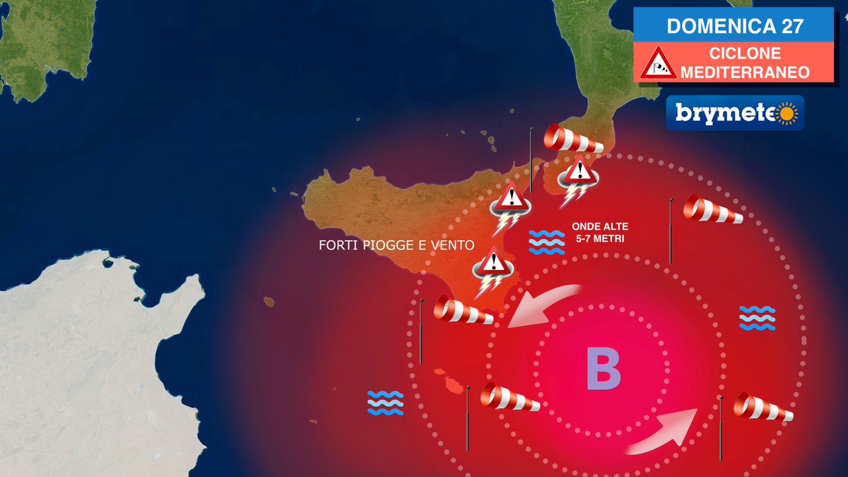 brymeteo's tweet photo. Meteo prossime ore: attenzione ai nubifragi in Sicilia e Calabria per l'arrivo del CICLONE MEDITERRANEO. 

Attenzione: vento di burrasca e mareggiate con onde alte 5-7 metri. #meteo #Sicilia  #Calabria  #ciclonemediterraneo #AllertaMeteo #previsioni https://t.co/d1I0aQMYDK