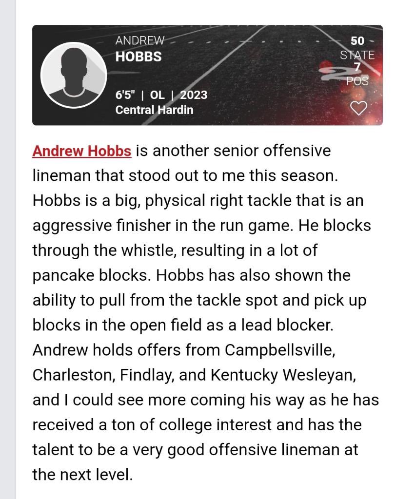 Andrew Hobbs (@andrew__hobbs) on Twitter photo Huge thanks to <a href="/PrepRedzoneKY/">Prep Redzone Kentucky</a> and <a href="/LippertScouting/">Ryan Lippert</a> for selecting me as a part of the 6-A regular season Allstate team!! <a href="/CHBruinFootball/">CH Football</a> <a href="/Adam_Hobbs41/">Adam Hobbs</a> Huge thanks to <a href="/PrepRedzoneKY/">Prep Redzone Kentucky</a> and <a href="/LippertScouting/">Ryan Lippert</a> for selecting me as a part of the 6-A regular season Allstate team!! <a href="/CHBruinFootball/">CH Football</a> <a href="/Adam_Hobbs41/">Adam Hobbs</a>