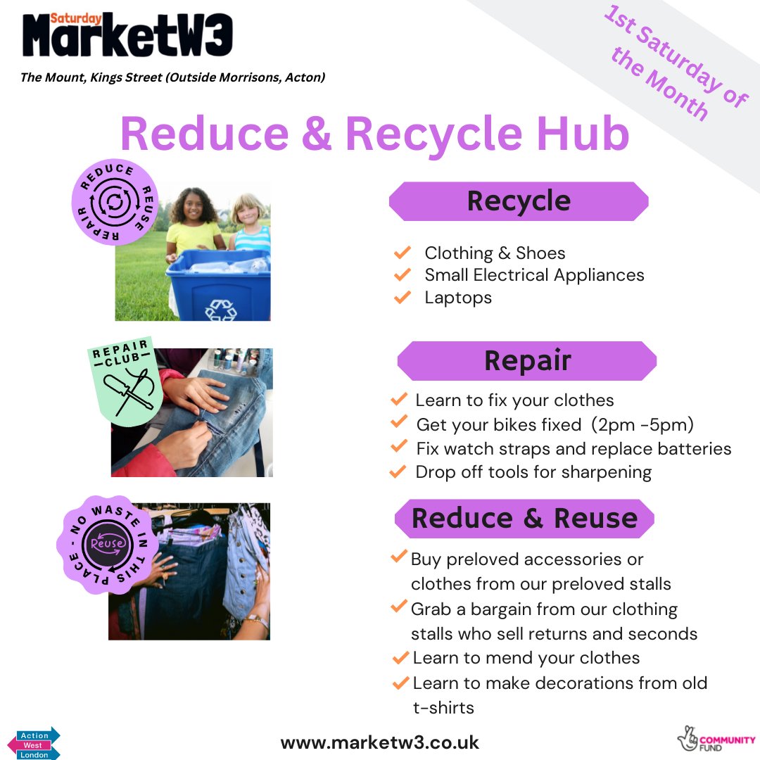 market_w3's tweet photo. #Reduce & #Recycle hub returns next Saturday 3rd December to MarketW3. The hub will have lots of great organisations coming helping us in Acton to reduce, reuse & recycle. #actonw3 #reducewaste #prevloved #upcycledfashion #actonmarketw3 #recycle #reduceandreuses #shoplocal https://t.co/xOc5ANKWhH
