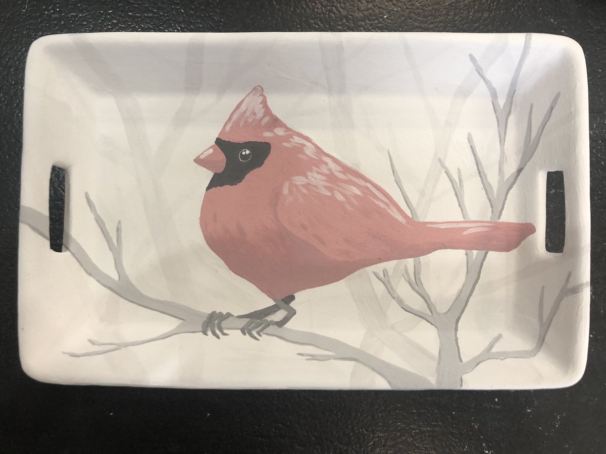 LindseyFoushee's tweet photo. Painting with BFF yesterday was a success! I won’t post her stuff since there are presents in the mix, but here’s mine! If this cardinal tray doesn’t turn out, at least it looks awesome pre-firing. And I’m never mad at a couple of cute little ornaments. 🎨 🦚 https://t.co/XBPiLR2CQ6