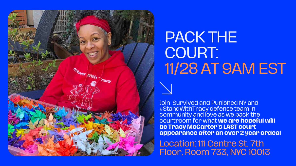 survivepunishNY's tweet photo. 💥IT'S NOT OVER YET💥Join us in packing the court to support Tracy McCarter on Monday the 28th @ 9AM, when we hope the court will grant the DA's motion to drop ALL charges. Thanks to all of the community's support so far, we are hopeful this will be Tracy’s LAST court appearance https://t.co/srRxKF5S84