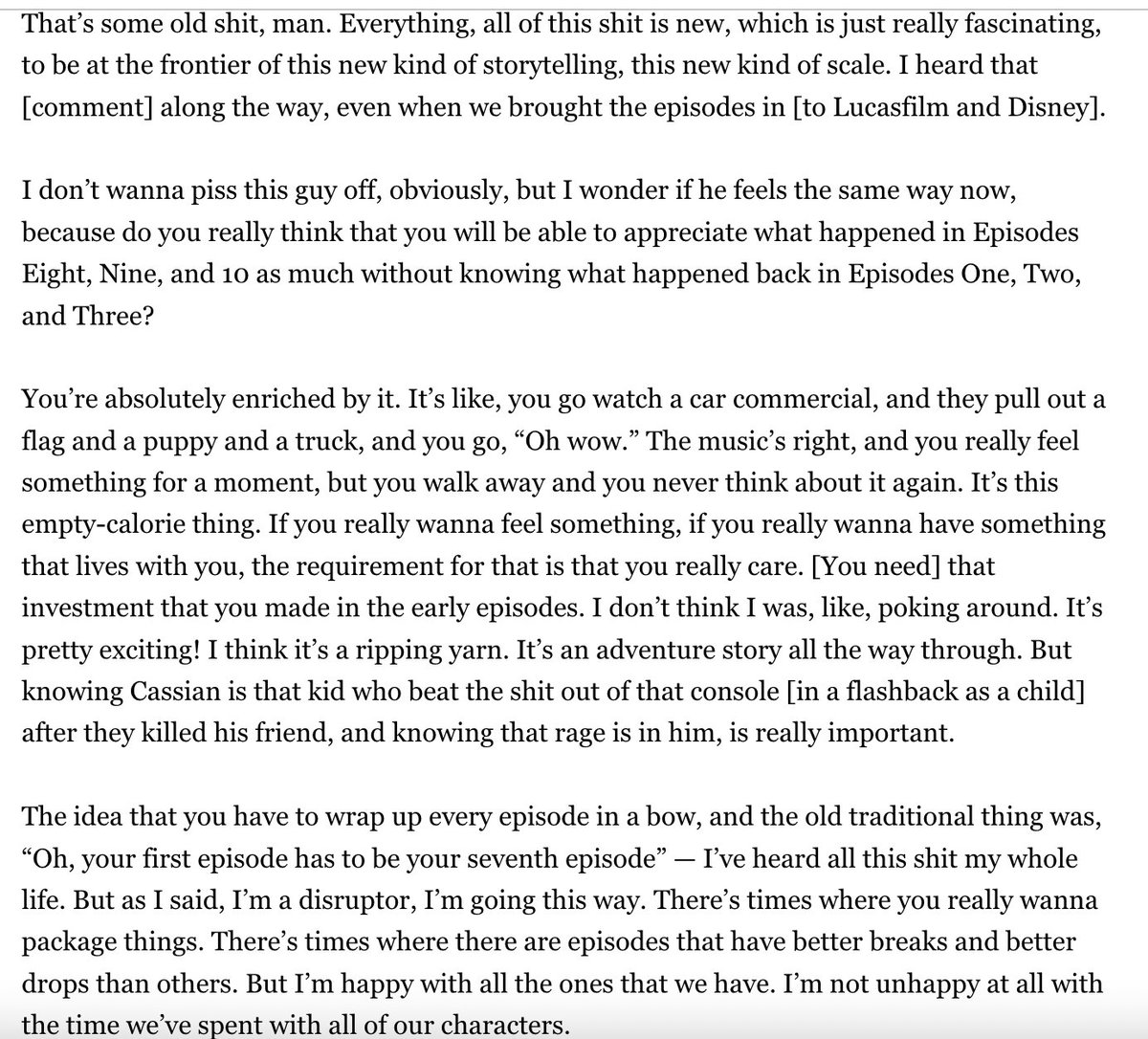 here's Tony Gilroy responding to the criticism that Andor starts too slow. the man is a king and I want him to write and direct forever