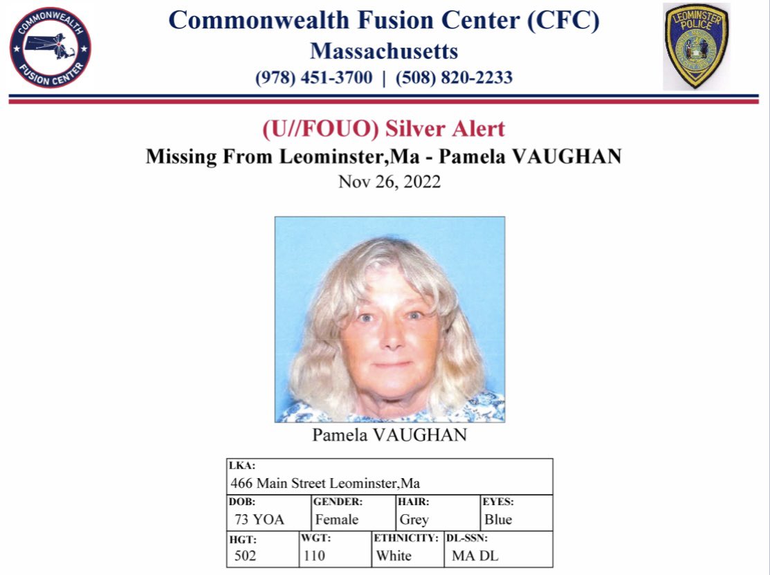 MassStatePolice's tweet image. SILVER ALERT has been issued for PAMELA VAUGHAN, 73, who walked away from Village Rest Home in #Leominster at 4PM Friday. She is 5'02", 110lbs, w/grey hair/blue eyes. Last seen wearing tan slacks &amp;amp; red jacket. Anyone w/info is asked to contact  @LeominsterPD at (978) 534-7560.