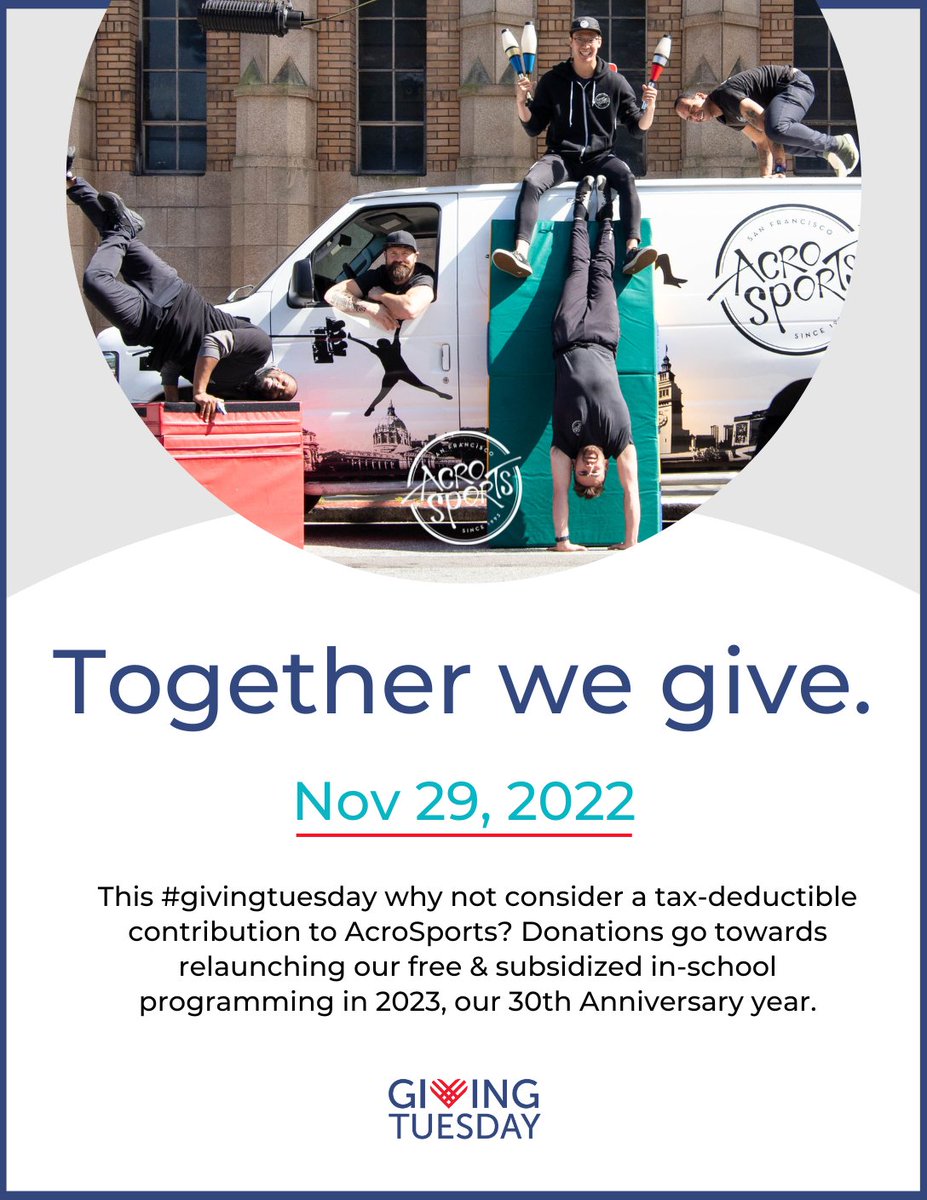 This #givingtuesday why not consider a tax-deductible contribution to AcroSports? Donations go towards relaunching our free &amp; subsidized in-school programming in 2023, our 30th Anniversary year. 

Help us relaunch our Outreach programming in 2023!
acrosports.org/community-outr…