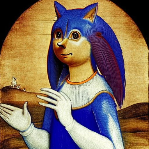 minimaxir's tweet photo. I tried the "a beautiful portrait of <ugly-sonic> by Leonardo Da Vinci" prompt which failed in my blog post, but it seems Stable Diffusion 2.0 nailed it this time. https://t.co/jQTTLhp0Y0
