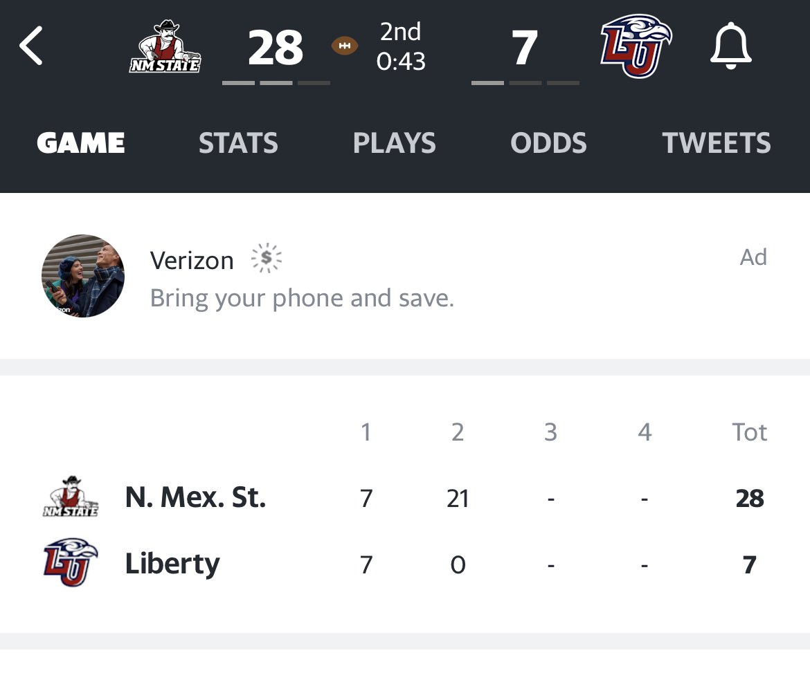 PeteThamel's tweet photo. Liberty trending toward a no-show against New Mexico State. Just a stunning score. https://t.co/tPwb6kaqIt