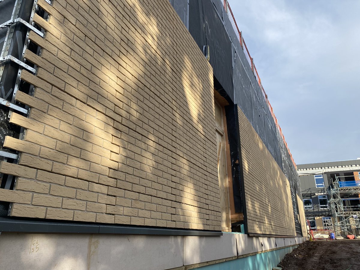 SMCaxtonGroup's tweet photo. Visit to B+K site at West Coventry Academy viewing the progression of works by Caxton Group installing the Stofix UK brickslip cladding system for the Department for Education @bandkbuild @westcovacademy  #offsiteconstruction #construction #modernmethodsofconstruction #facades https://t.co/1VQuco5lvG