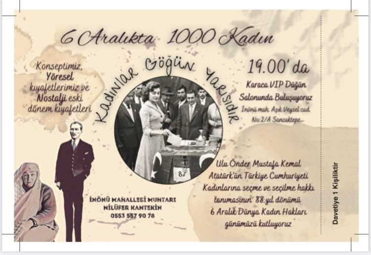 KntknNilufer's tweet photo. 5 Aralık Dünya Kadın Hakları günü aynı zamanda ülkemizde Kadınlara seçme ve seçilme haklarının Mustafa Kemal Atatürk tarafından armağan edildiği gün biz 1000 Kadın 6 Aralık buluşuyoruz 💕Biletler 50 TL #çekilişler #sanatçılar #pastaikramı #halay #çiftetelli #ellik #dans #Folklör https://t.co/vTB903HmlG