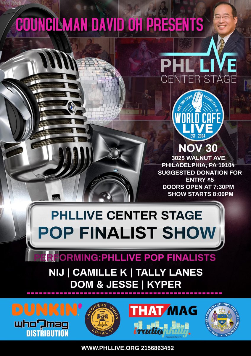 Wednesday Night come see the 5 finalists of POP MUSIC for <a href="/PHLLive1/">PHLLive</a> competition <a href="/worldcafelive/">World Cafe Live</a>  brought to u by <a href="/DavidOhPhilly/">David Oh</a> hosted by <a href="/briancronin73/">Brian Cronin</a> judged by <a href="/whomag/">Rob Schwartz</a>