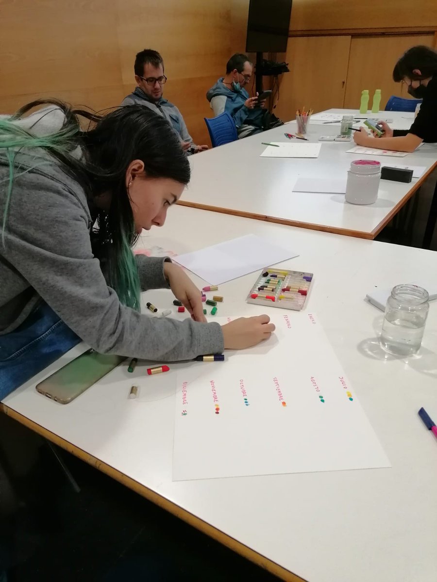 AutismoHuesca's tweet photo. Asociados de #AutismoHuesca han aprendido en nuestro taller formativo "Creatividad y diseño aplicado al producto" aspectos relacionados con la expresión #artística junto Silvia Cored Orús, profesional de #BellasArtes. Las láminas servirán para nuestro calendario solidario de 2023 https://t.co/cdA8kXnati