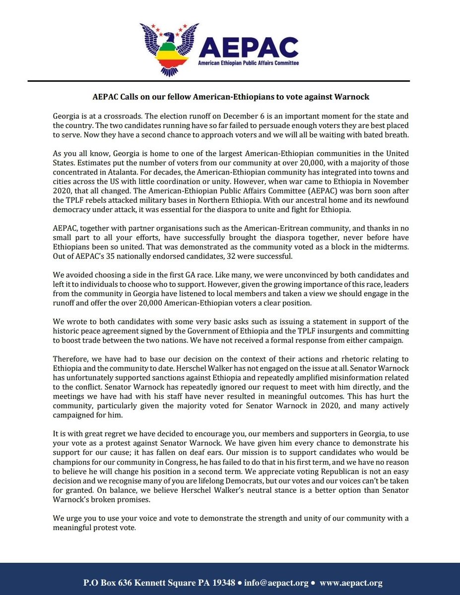EA_DevCouncil's tweet photo. BREAKING—AEPAC calls on our fellow American-Ethiopians to vote against Warnock. #NoMore

"@SenatorWarnock has unfortunately supported sanctions against #Ethiopia &amp; repeatedly amplified misinformation related to the conflict" @AmericaEthiopia #GeorgiaRunoff https://t.co/XDmlXVNm4P https://t.co/DqAN3lwVxW