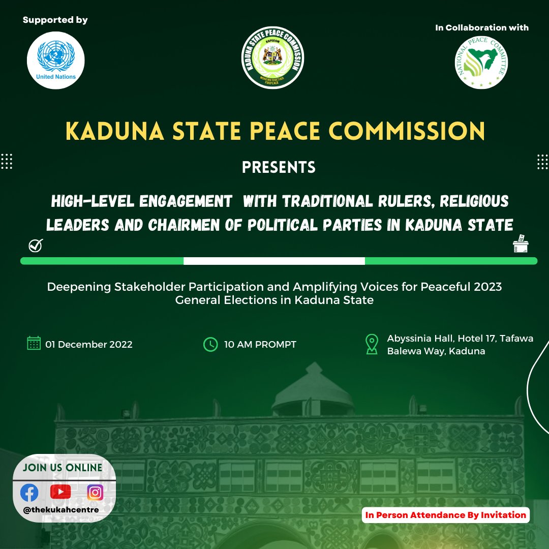 KukahCentre's tweet photo. Kaduna State Peace Commission in collaboration with NPC supported by  @UN_UNOWAS presents a High-Level Engagement  with key Stakeholder  on Deepening the Participation and Amplifying Voices for Peaceful 2023 General Elections in Kaduna State https://t.co/aQquyYuvQo