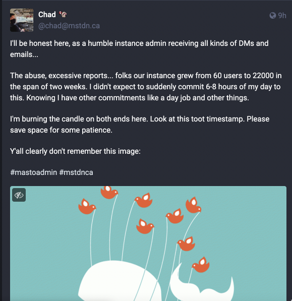 hallman76's tweet photo. When everyone started signing on to Mastodon I wondered how server administration would scale. Turns out that in some cases it hasn't been so easy. https://t.co/pdYcdEgJ5O