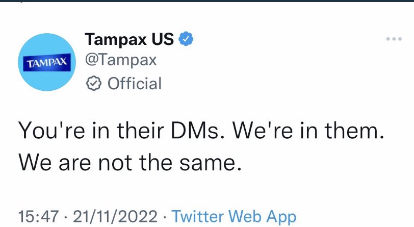 laurarichards99's tweet photo. After all these years I am breaking up with you @Tampax Sexualising periods &amp; products is disgusting. In fact @Tampax having reviewed your timeline, everything about it is off #NoThankYou #WomenMatter https://t.co/e2CoXC6nYT