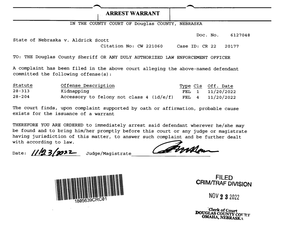 omaha_scanner's tweet photo. On November 23, 2022, an arrest warrant for Aldrick Scott (1-12-1975) was issued for Kidnapping and Accessory To A Felony relating to the missing person investigation of Cari Allen. Contact 402-444-6000 or your local law enforcement with tips. https://t.co/FSLlA1w3qO