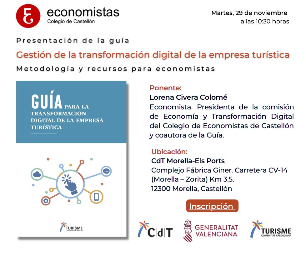 📢 Martes día 29 noviembre, a las 10:30 a.m 📍Lugar: @COLEGIOECONOMI2 Presentación de la Guía para la Transformación Digital de la Empresa Turística Inscripciones:👇🏻👇🏻 forms.gle/37QhMkdHXM4XKg… Info 👉🏻 coev.org/transformacion… #transformaciondigital #empresasturisticas #castellon