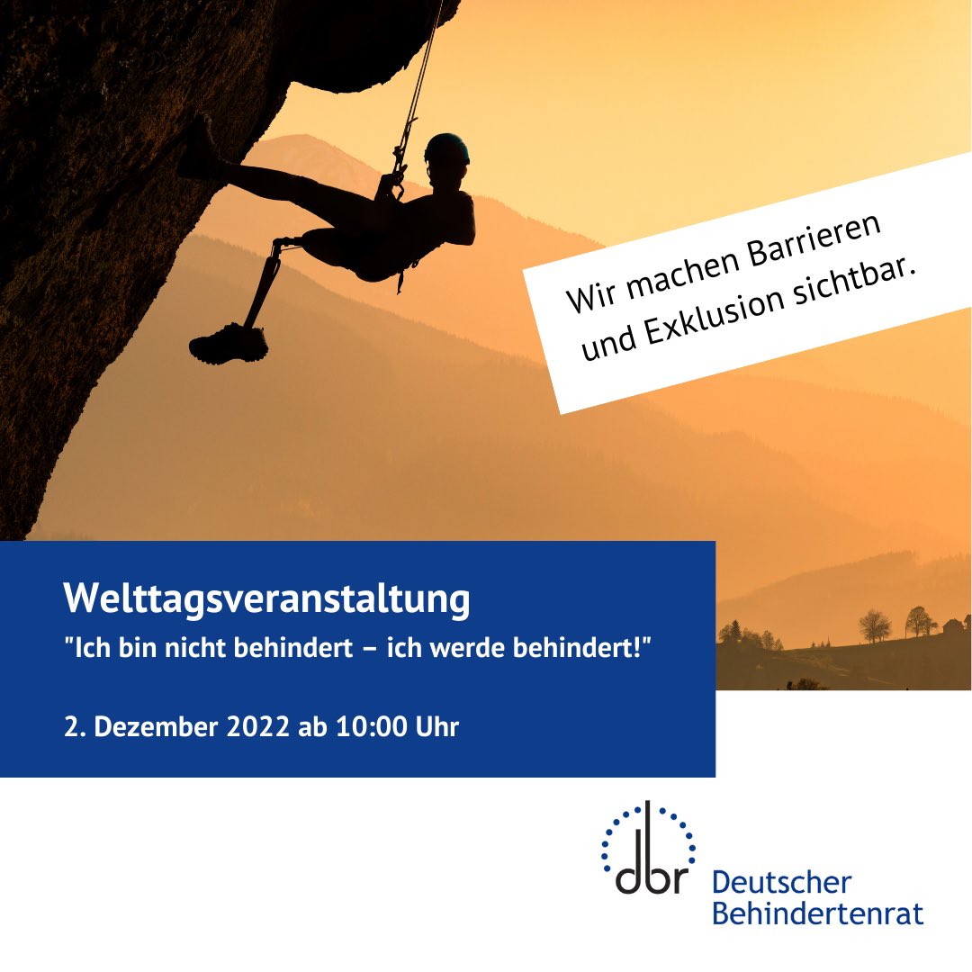 Auf der diesjährigen Veranstaltung des DBR zum Welttag der Menschen mit Behinderungen am 2. Dezember 2022 von 10:00 bis 12:00 Uhr
wollen wir über den Abbau von Barrieren und die daraus hervorgehenden gesellschaftlichen und politischen Aufgaben sprechen.

deutscher-behindertenrat.de
