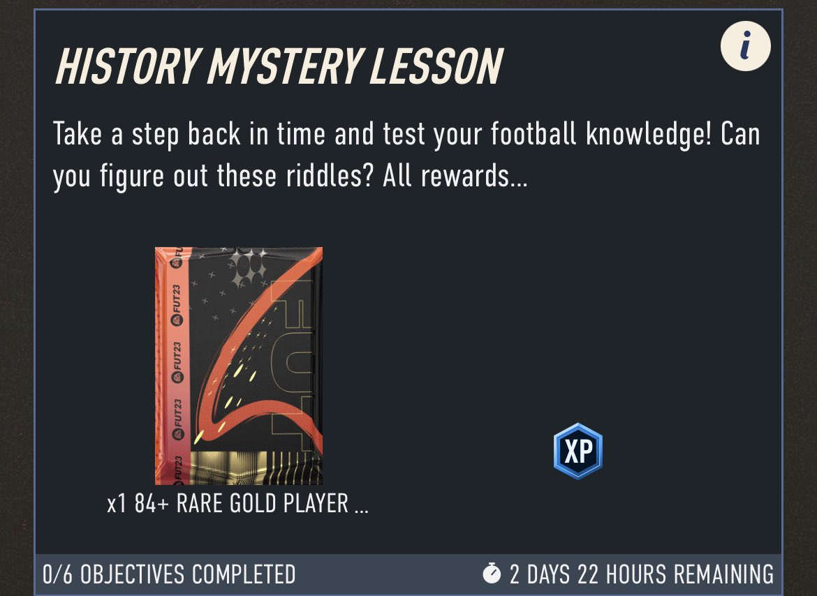 📖Guide to the History Lesson objectives [<a href="/NepentheZ/">NepentheZ</a>]

1. Score 2 goals w/ Uruguayan 🇺🇾 
2. Score more than 7 goals in 1 game
3. Score finesse w/ Italian 🇮🇹 
4. Score w/ USA Player 🇺🇸 
5. Score Hat-Trick w/ Swiss &amp; Austrian 🇨🇭 🇦🇹 
6. Score w/ German (4 times)🇩🇪 

#FIFA23 | #FUT