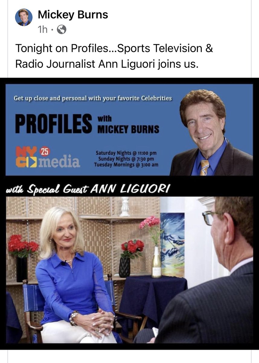 AnnLiguori's tweet photo. Honored that @MickeyBurnsTV is repeating the #Profiles interview he did with me, tonight & tomorrow on @WNYC Ch. 25. @ibkulbrand @dunejewelry #sports #media #golf #charity #business #talkinggolf #topinterviews #celebritygolf #sportdlegends #sportsinnerview @WFAN660 https://t.co/vWtBWCdJox