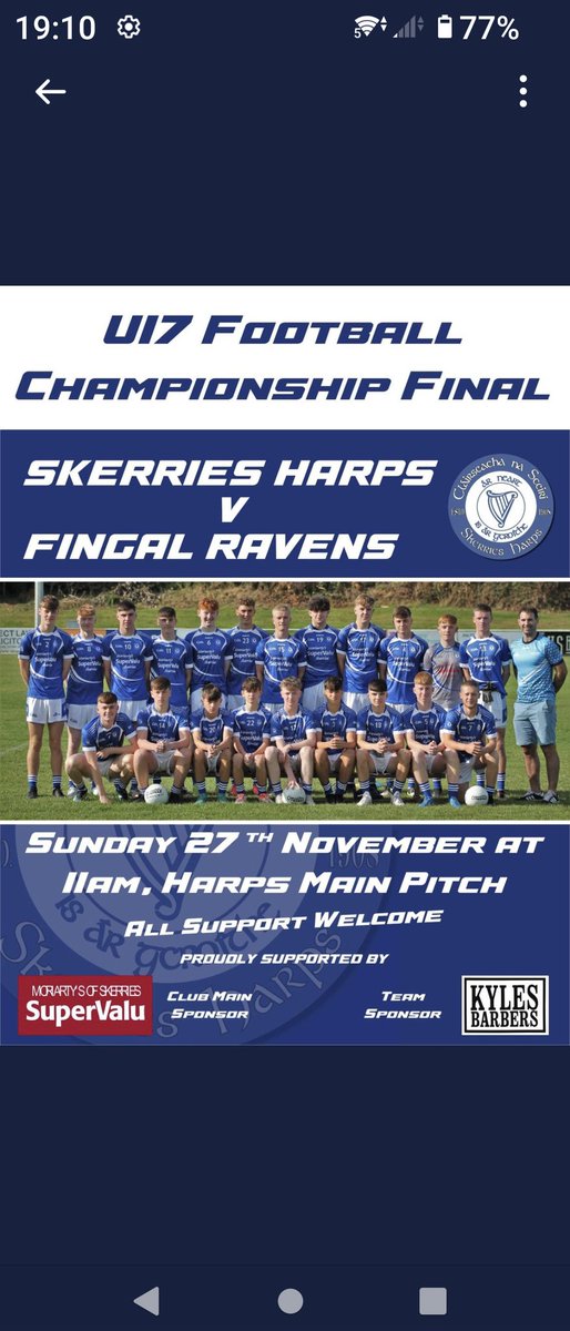 PaulHeatonSolo's tweet image. Good luck to @SkerriesHarps in tomorrow's U17s final. You can do it lads 😎