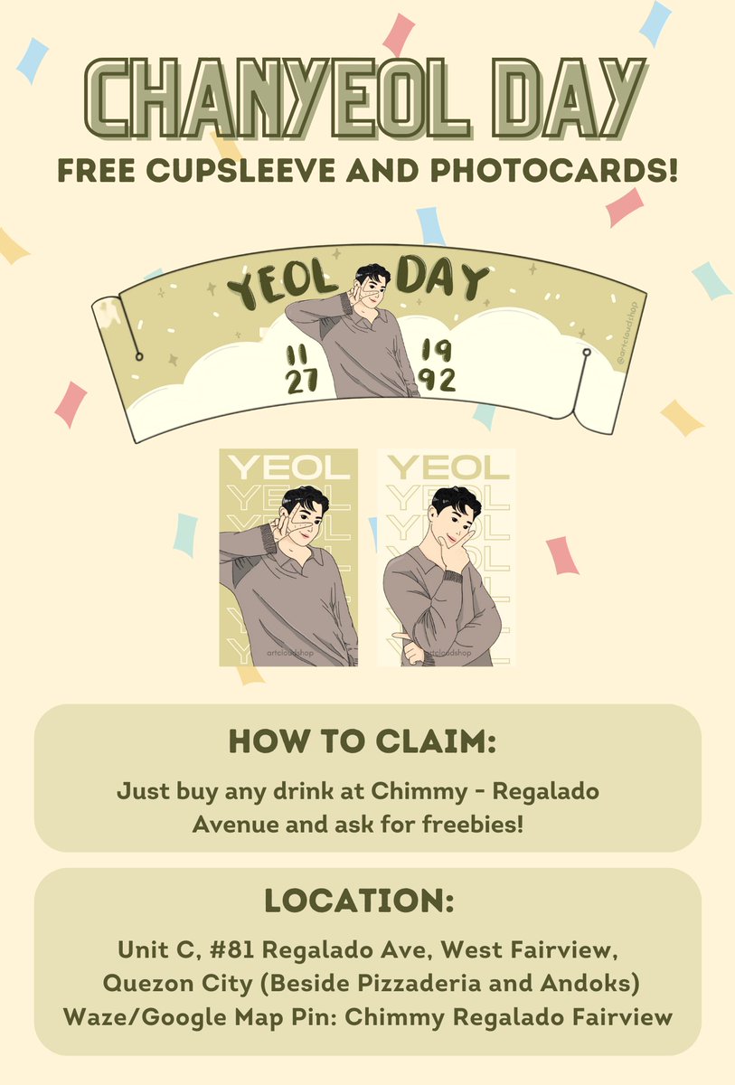 artcloudshop's tweet photo. CHANYEOL FREE CUPSLEEVES EVENT ✨

📍 Chimmy - Regalado Fairview (#81 Regalado Ave, West Fairview, Quezon City)
🗓 Nov. 27, 2022
🕑 11am-8pm

looking forward to celebrating our dear yeol's birthday with you all! ♡

#찬열 #CherryPrinceLoeyDay #HappyChanyeolDay #HappyLoeyDay https://t.co/o7R33aRpQE