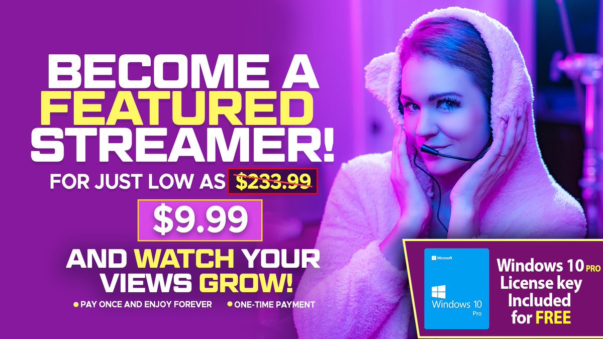 Hey, Streamers! Now you can become a featured streamer on streamerwall.com and see your channel grow like never before! • One-time payment • No Recurring Payments • Pay once and enjoy the benefits forever. We've reduced the price from $233.99 to $9.99