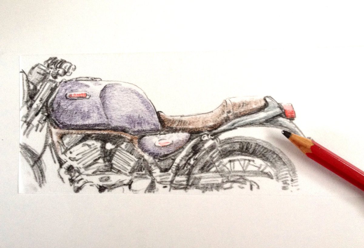 「一発描きのヤマハっぽいバイク#イラスト #アナログ #色鉛筆 #illustra」|シン@ぬり絵で身につく花と実の色えんぴつ技法のイラスト