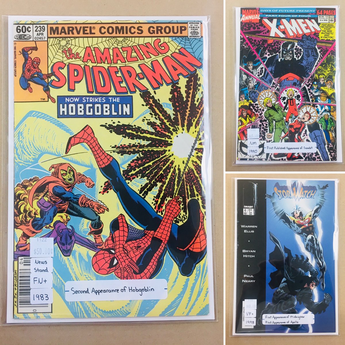 CosmicComicsLV's tweet photo. Keys recently added to the case. Including the #SecondAppearance of #Hobgoblin and the #FirstAppearance of #Gambit and #Midnighter & #Apollo. https://t.co/rjaB9JCLMe