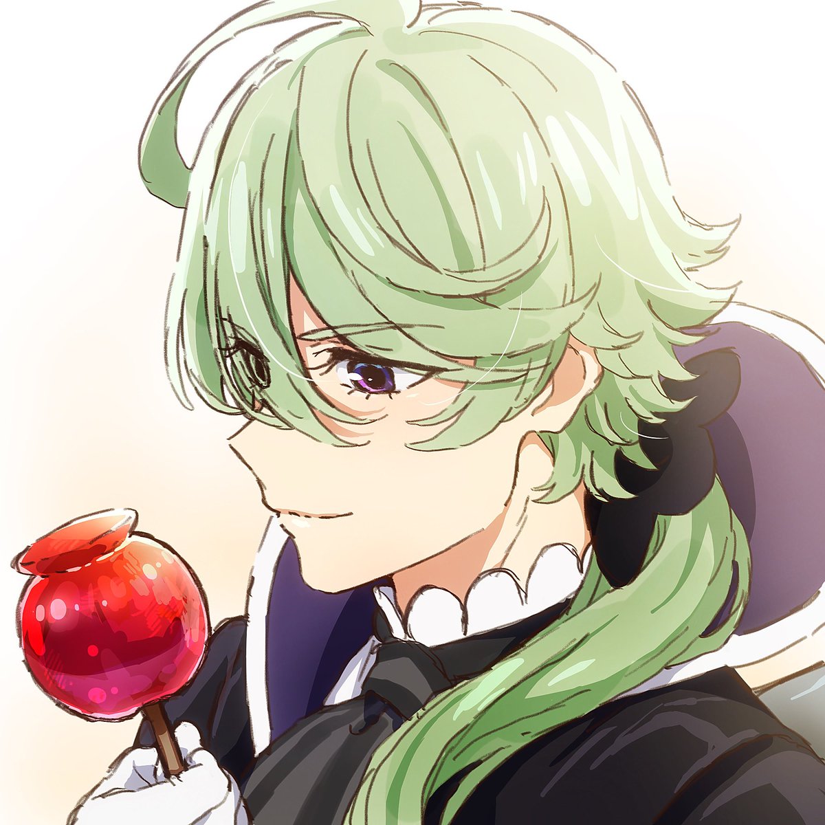 food male focus 1boy purple eyes green hair candy apple gloves  illustration images