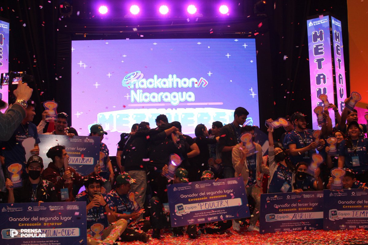 PrensaPopulr's tweet image. Tras 2️⃣ días continuos de arduo trabajo, este sábado #26Noviembre, fueron premiados los ganadores de la sexta edición del evento tecnológico mas grande del país #Hackathon2022 Metaverso👾🎮✊🏻 

🔸️ Es solo una muestra de lo que son capaces de hacer, para transformar #Nicaragua🇳🇮