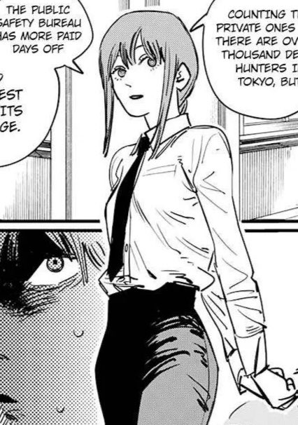 pet peeve when people "sexy"-ify makima by drawing her with super tight clothes and huge tiddies when she literally looks like this in canon ?? she's hot AND masculine… a suit is literally one of the sexiest things a woman can wear i'm sorry u guys are too boring to see that 