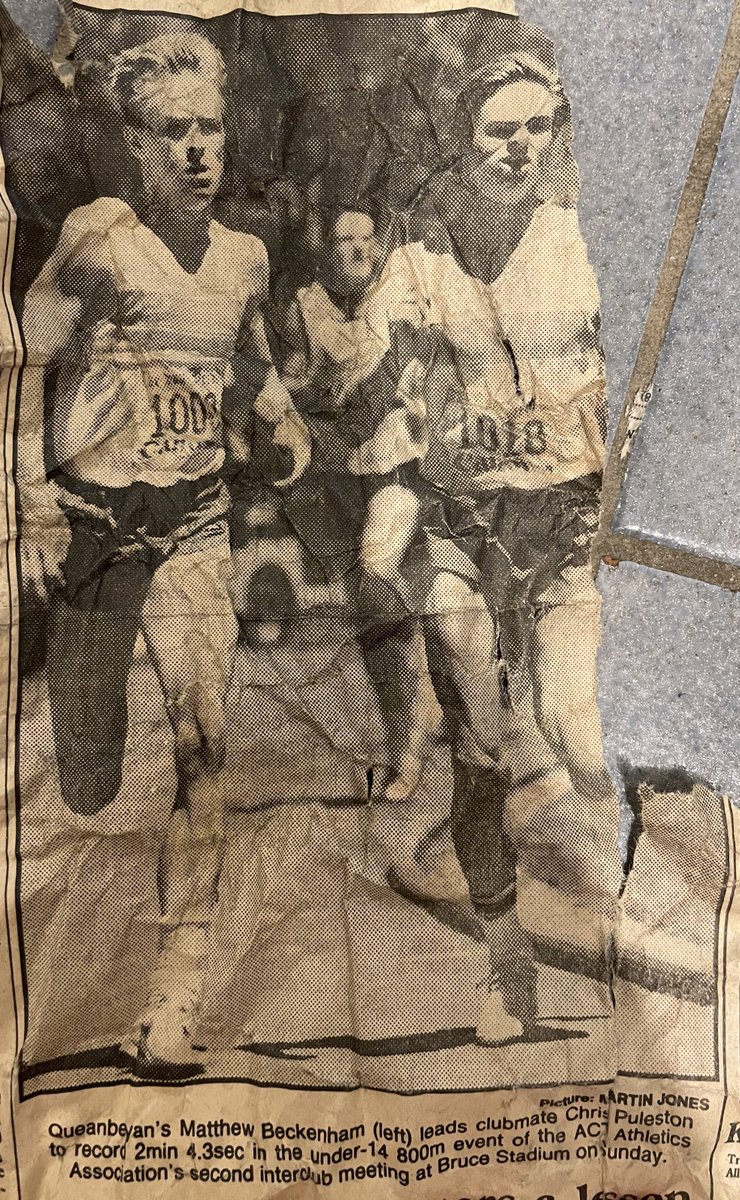 joel_pearson's tweet photo. @MattyBDEPT While fixing a hole in a wall I found a @canberratimes newspaper in the wall dated December 19, 1989. Matthew Beckenham wins the under-14 800m 2min 4.3sec at an AIS interclub meeting. How random to find this in the wall! https://t.co/uztMt4G3Mi