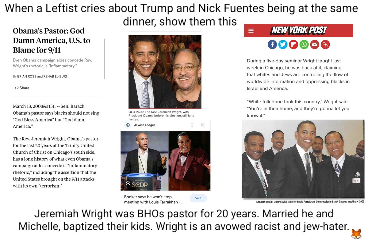 toddfoxauthor's tweet photo. @BillKristol Did you denounce Obama over his 20 year relationship as in Pastor/congregant with famous antisemite Jeremiah Wright?
More than dinner, Wright taught Obama for two decades. Married him and Michelle and baptized their kids.
How about Booker/Farrakhan relationship? 🦗🦗🦗🦗 https://t.co/hAvmuY8dnm