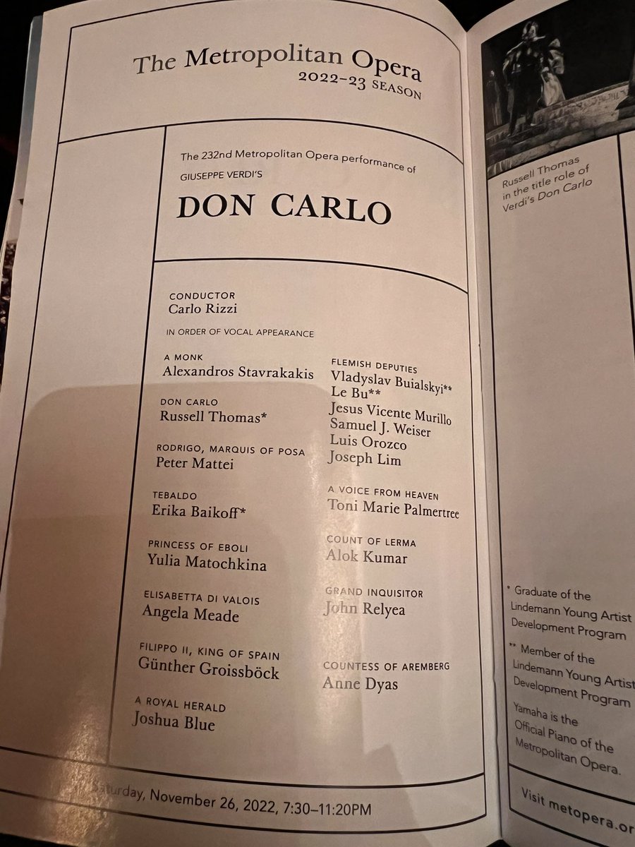 RomaPete's tweet photo. Missing the Fontainebleau act, but this cast is special and 4/5 of my fave Verdi is still most welcome. Tx3 @SoprAngela @travlingtenor @GGboeck #PeterMattei #JohnRelyea @CarloRizziMusic @MetOperaChorus @METOrchestra #DonCarlo @MetOpera https://t.co/1hjdvEJ9Ca