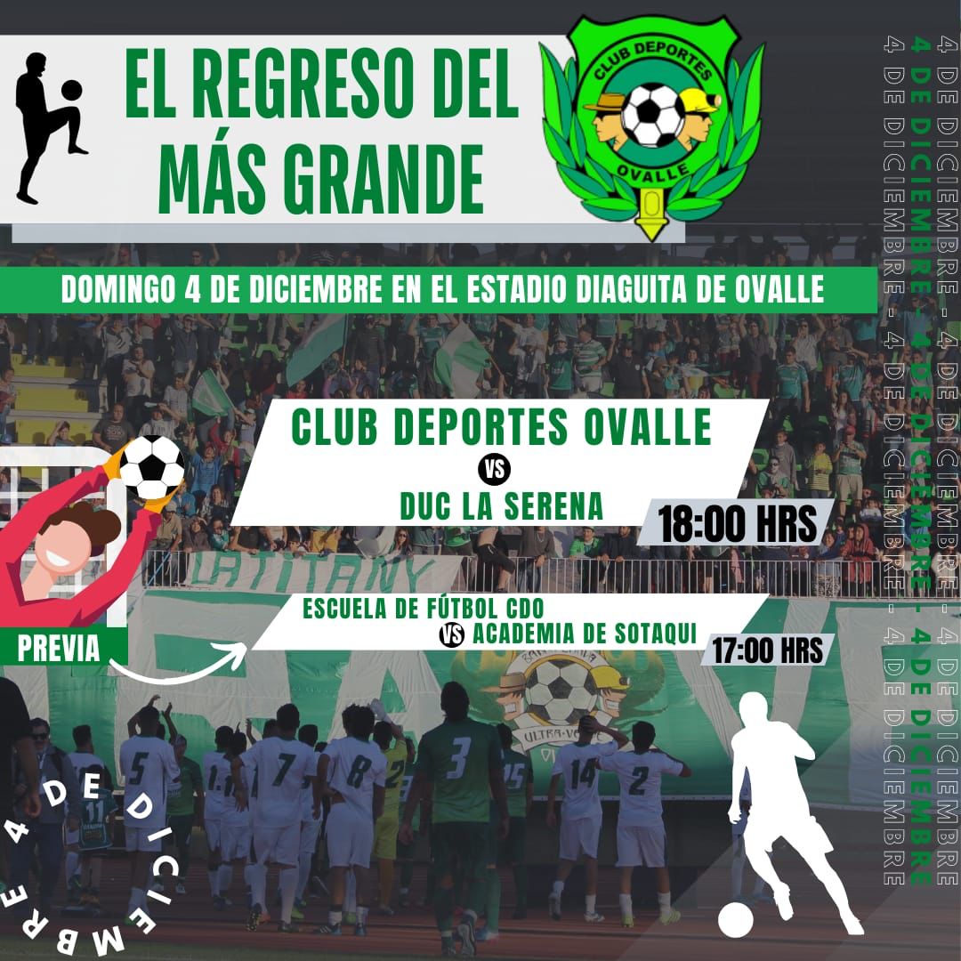 😍💚 Club Deportes Ovalle vuelve a jugar ¡y en nuestra casa! 

Enfrentaremos a Unión Compañías este domingo 4/12 a las 18:00 horas en el Estadio Diaguita.
Además, podrás conocer a La Escuela de Fútbol del CDO en la previa del encuentro. 
Valor de la entrada  $1.000

#Ovalle