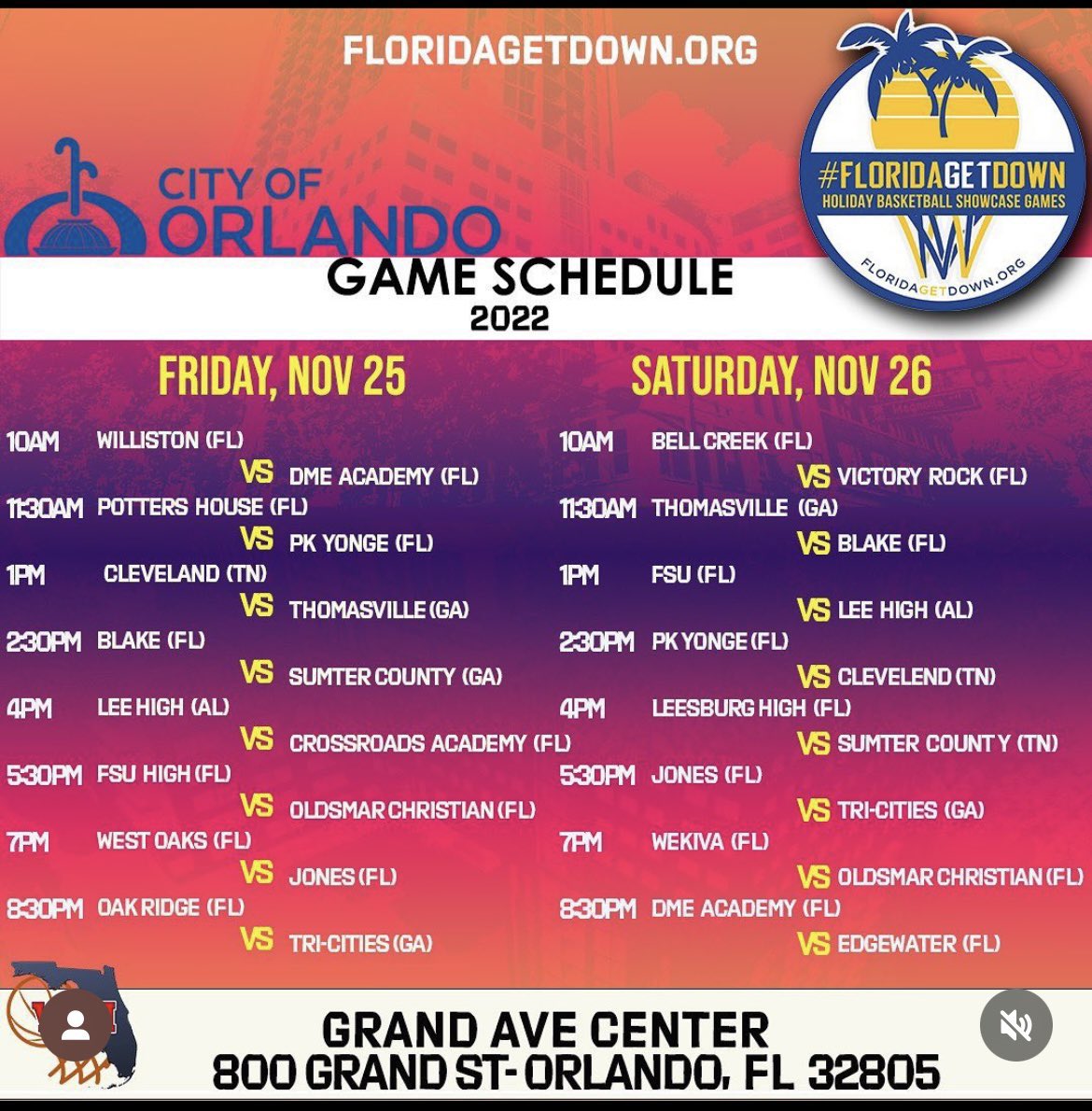 The 2022 Florida GetDown Holiday Basketball Showcase (Grand Avenue Center, Orlando, FL)

Final

Jones HS (FL) 55
Tri-Cities HS (GA) 66

Norrico Danner (Tri-Cities) led all scorers with 25 pts

@floridagetdown @TigersJhs @BasketballTCHS 