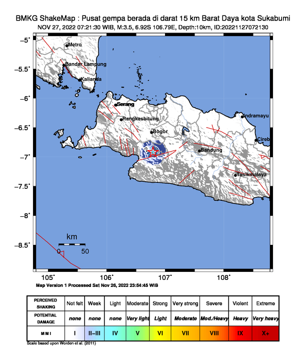 #Gempa Mag:3.5, 27-Nov-22 07:21:30 WIB, Lok:6.92 LS, 106.79 BT (Pusat gempa berada di darat 15 km Barat Daya kota Sukabumi), Kedlmn:10 Km Dirasakan (MMI) II - III Gubung Guruh #BMKG