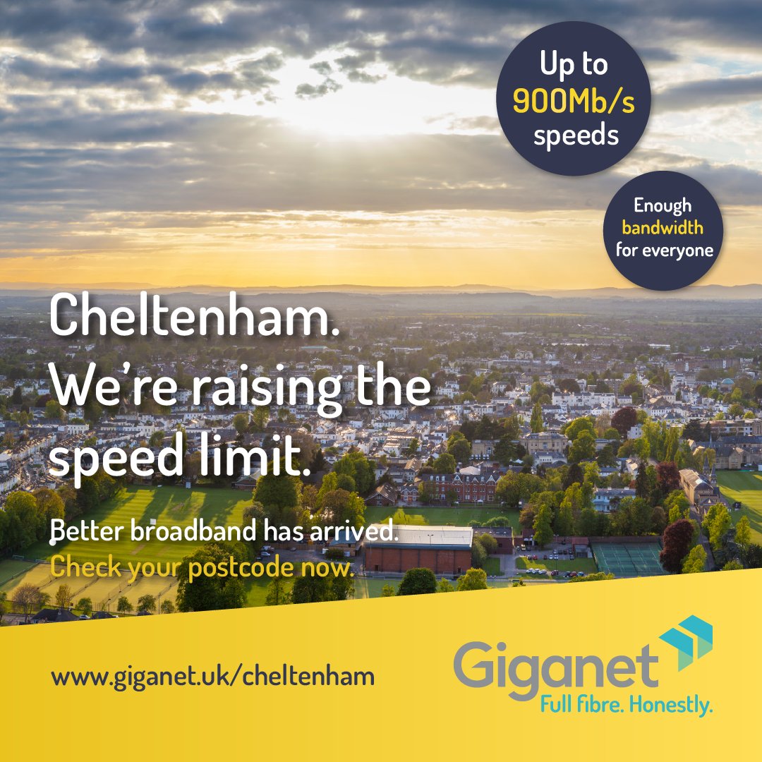 GiganetUK's tweet photo. If you #LoveCheltenham, you'll love our #fullfibre broadband.
£40 per month for speeds up to 900Mb/s, no mid-contract price increases AND real-human customer support when you need it.
Check your postcode here: https://t.co/vzpXrJeFWf
#Cheltenham #Gloucestershire #Chelts https://t.co/fMLxYZafkj
