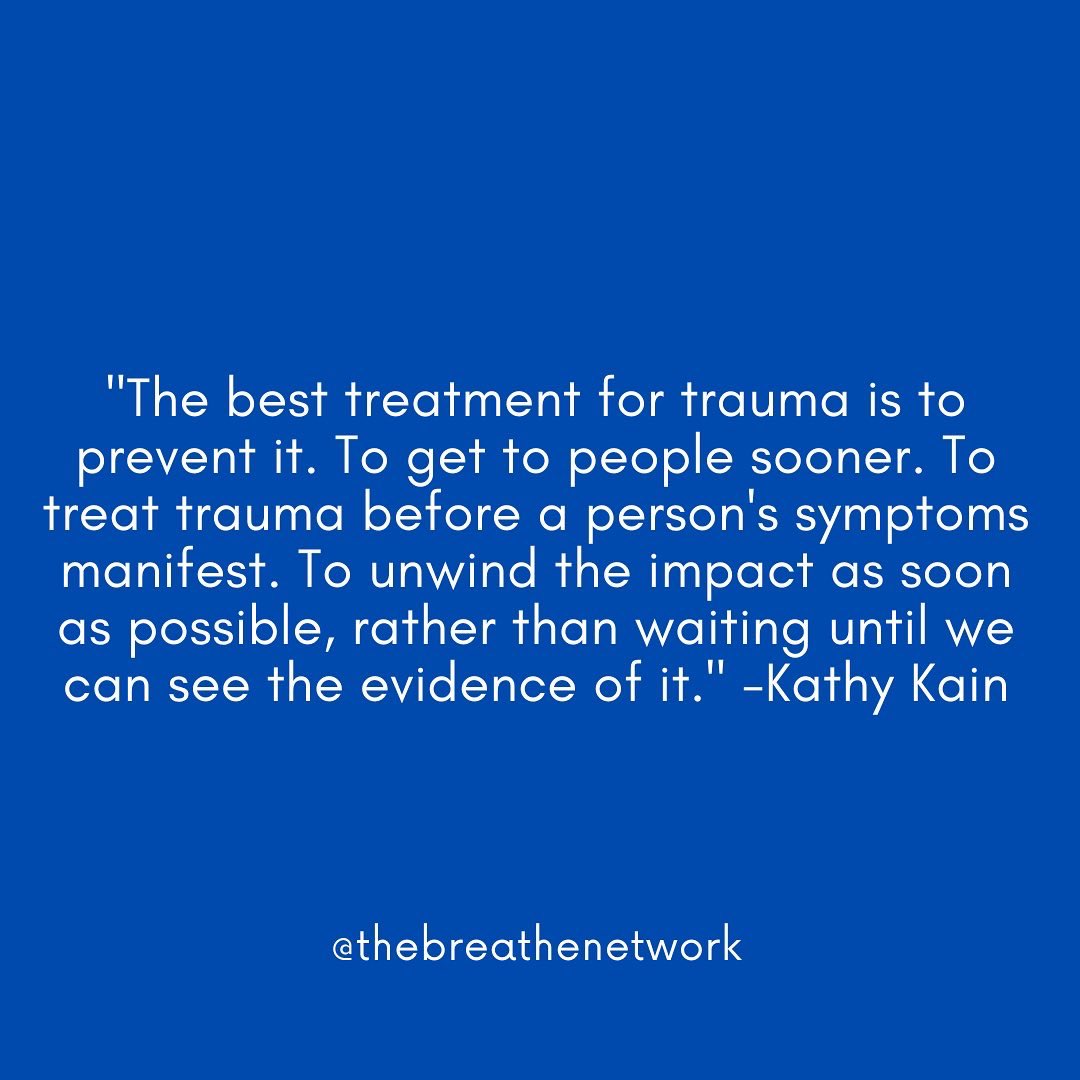 BreatheNet's tweet photo. This is a guiding truth for our work. 

“The best treatment for trauma is to prevent it. To get to people sooner. To treat trauma before a person's symptoms manifest. To unwind the impact as soon as possible, rather than waiting until we can see the evidence of it." -Kathy Kain https://t.co/7ZxnwQ6rtI