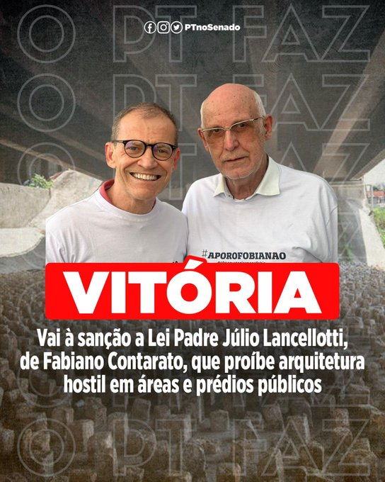 DilmaResiste's tweet photo. "Lei foi proposta a partir da luta do padre Júlio Lancelotti contra a instalação de pedras pelo poder público para impedir pernoite de moradores de rua."
Via @PTnoSenado 
#Resistencia1696Dias
Siga nosso Instagram @DilmaResiste https://t.co/x7RrTGymDX