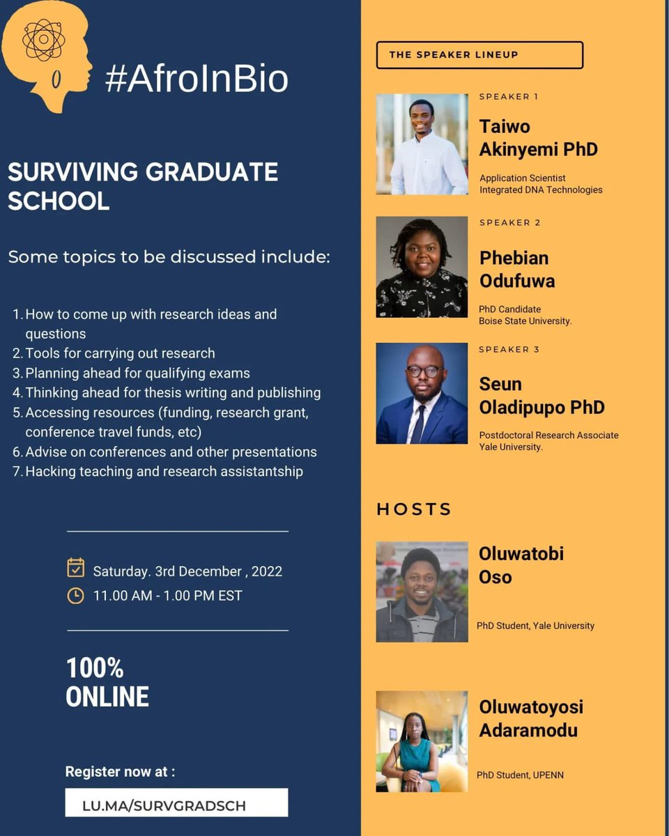 seun_PhD's tweet photo. There is an #AfroInBio information session on #SuRvivingGradSchool coming up next SatuRday, 3rd December at 11 am EST.
This online session will illuminate approaches to formulating reseaRch ideas, planning for #PhD candidacy exam, writing manuscripts and dissertation, …
(1/2) https://t.co/izW0Svjo1j