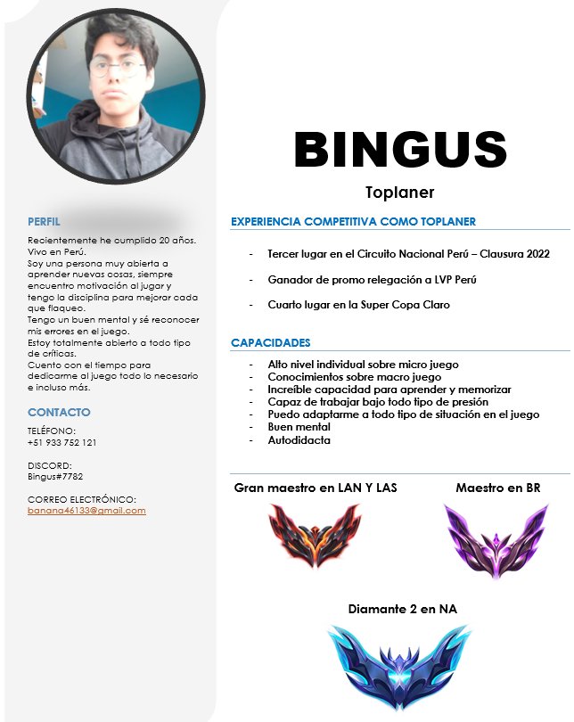 Bingushhh's tweet photo. Después de terminar mi contrato con @SouthGamingPro, me encuentro FA para futuras competencias LVP Perú y demás proyectos como Toplaner.
Agradezco los RT y corazones.
Muchas gracias a todos https://t.co/LA3vUlWDry