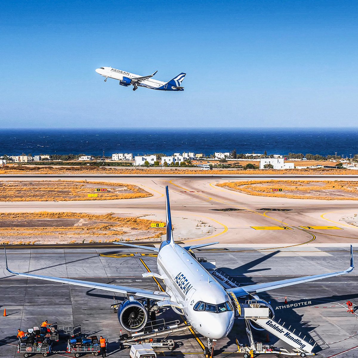 athspotter's tweet photo. 2x AEGEAN 320neo in Santorini!😍

@aegeanairlines @Airbus @staralliance 
#A320neo #aegeanairlines #aegean #a320 #sharklets #airbus #aircraft #aegeansea #airplane #airport #aviation #takeoff #departure #gearup #aegean_neo #avgeek #staralliance #A3GEEK #aigaio #LGSR #JTR #santorini https://t.co/QlfL3Fc9XI